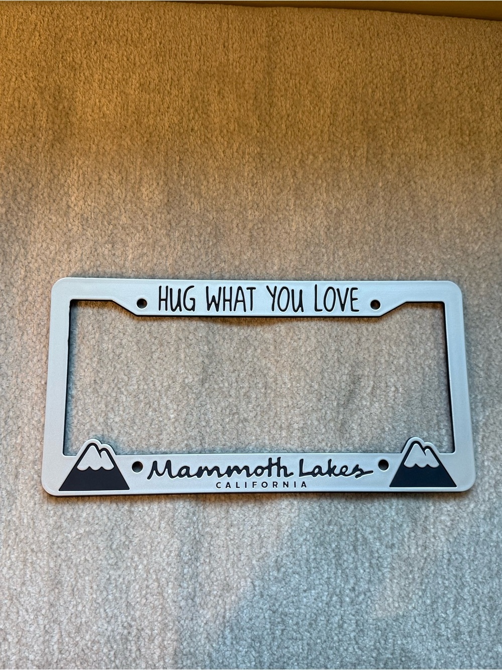 Mammoth Lakes "Hug What You Love" License Plate Frame - White & Black